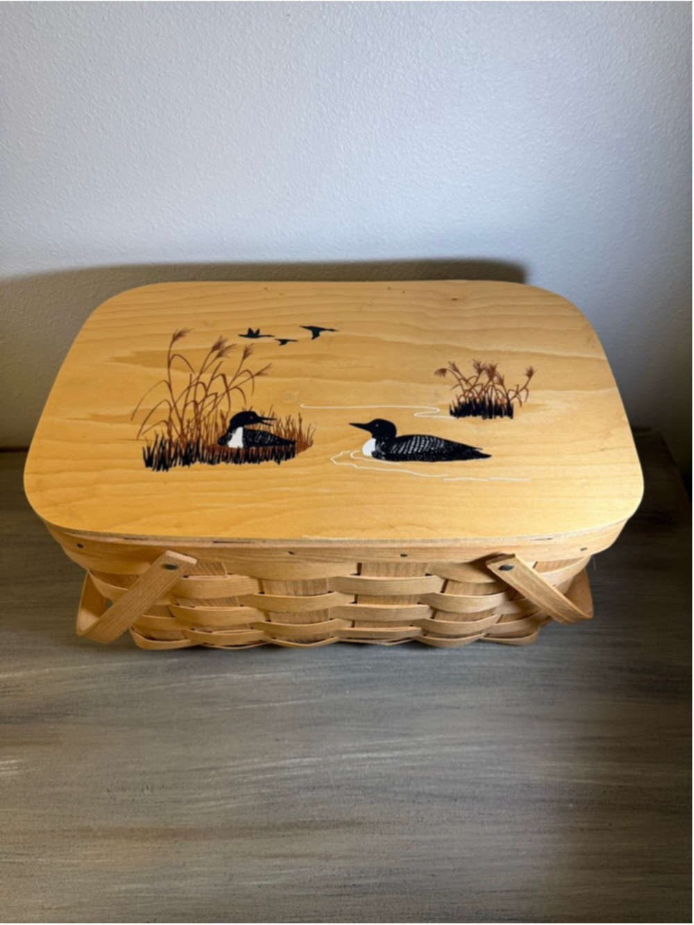 vintage Basketville picnic basket hand-painted loon scene wooden lid cottagecore
